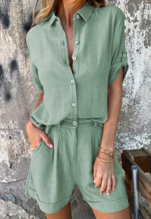 Dixie - Short Sleeve Button Front Blouse Shorts Set