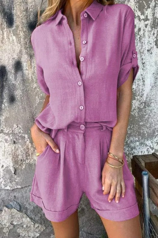 Dixie - Short Sleeve Button Front Blouse Shorts Set