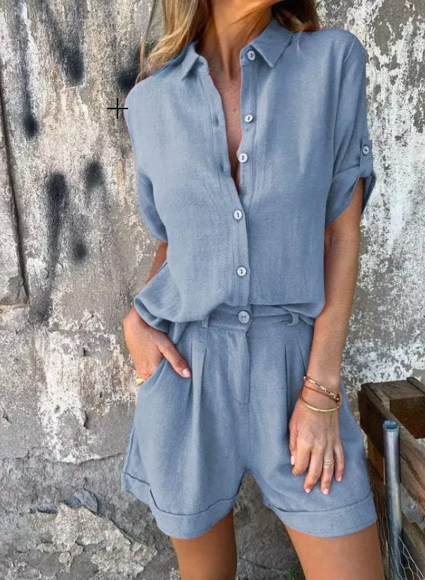 Dixie - Short Sleeve Button Front Blouse Shorts Set