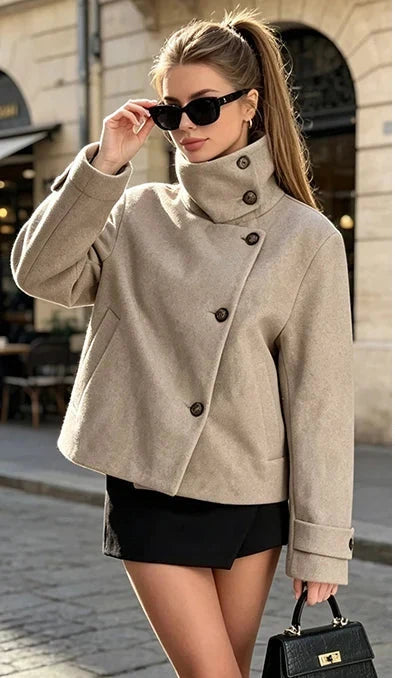 Lindsay | Stand Collar Asymmetrical Button Front Coat