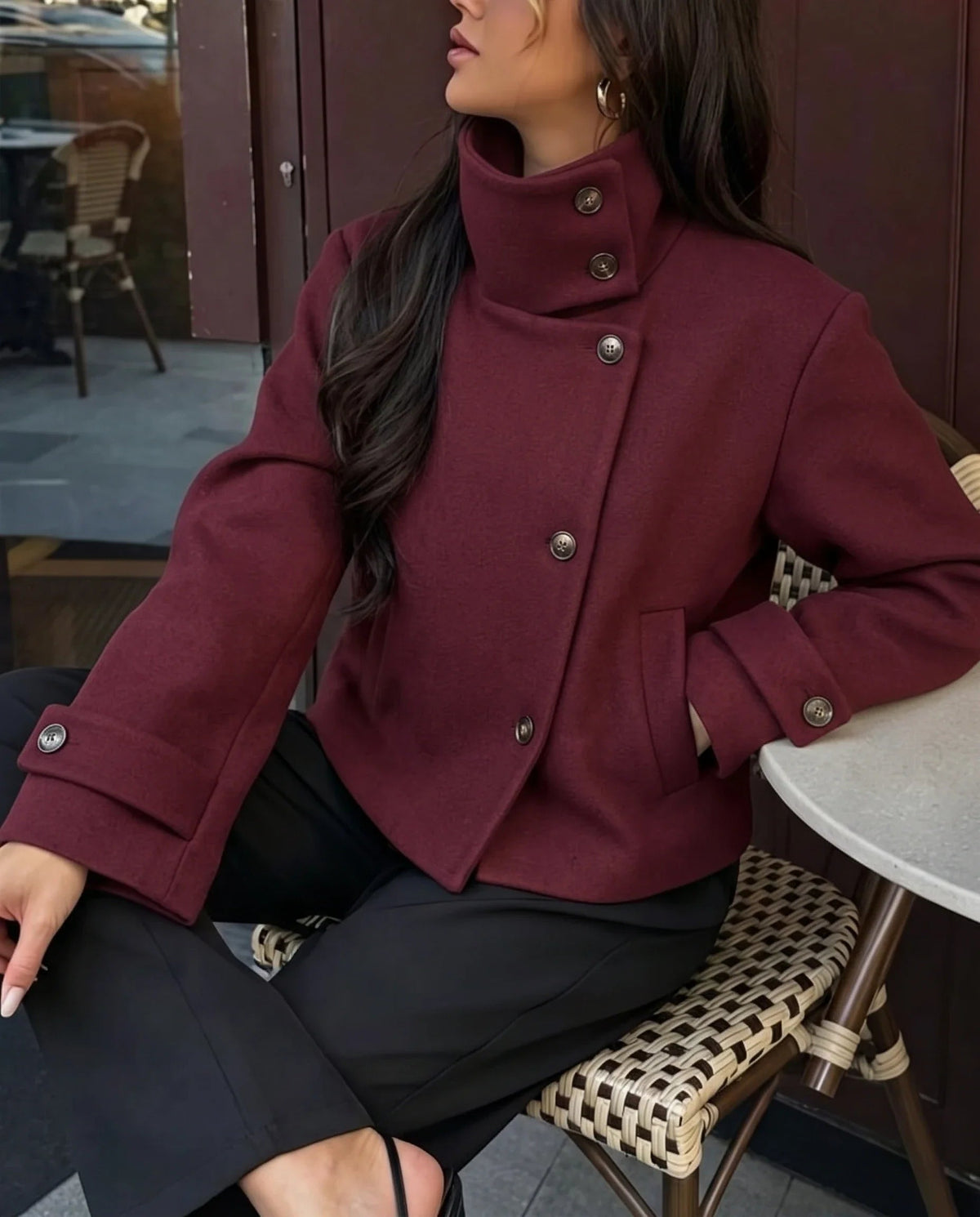 Lindsay | Stand Collar Asymmetrical Button Front Coat