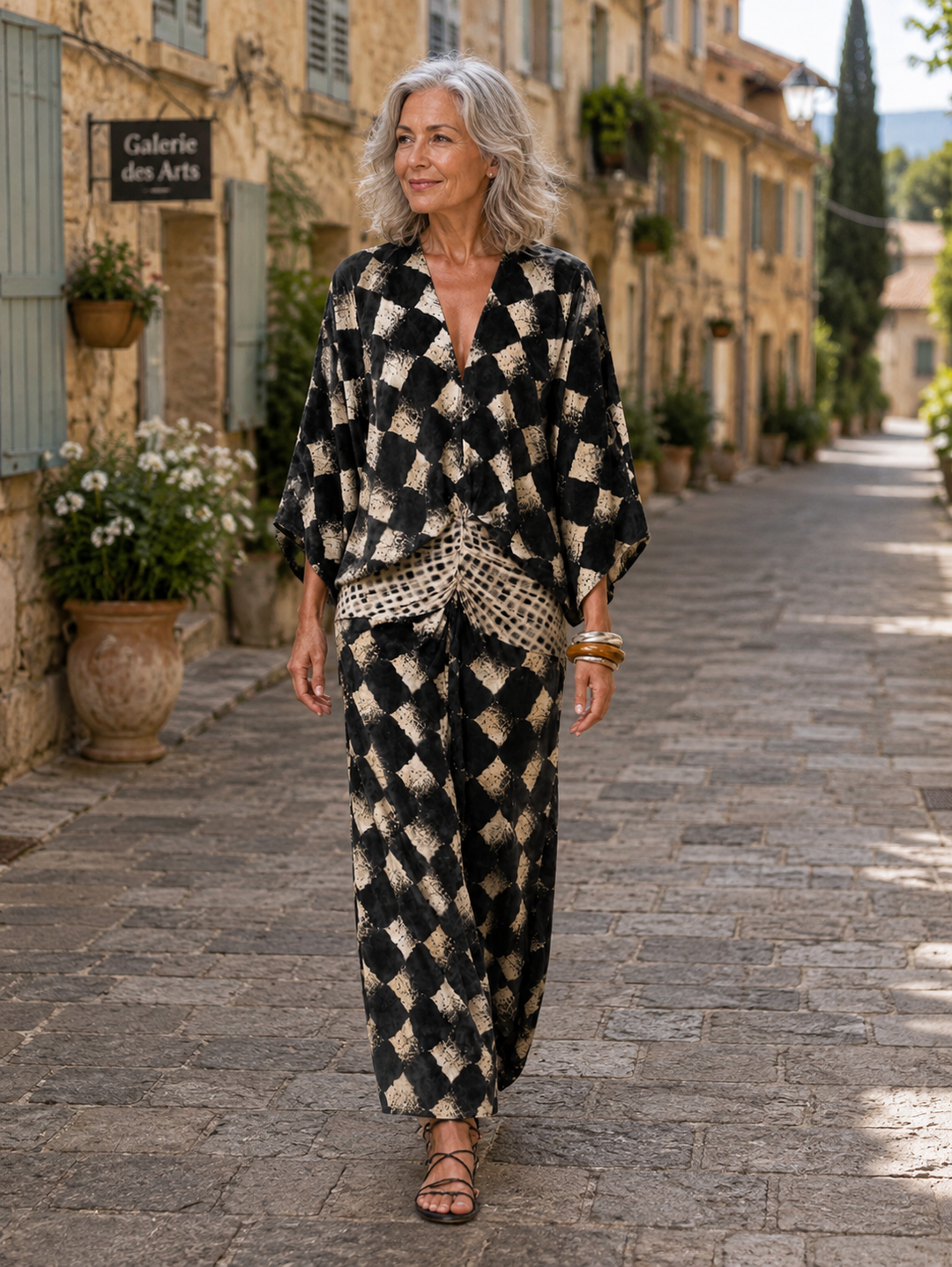 Meeria | Printed V Neck Ruched Maxi Dress