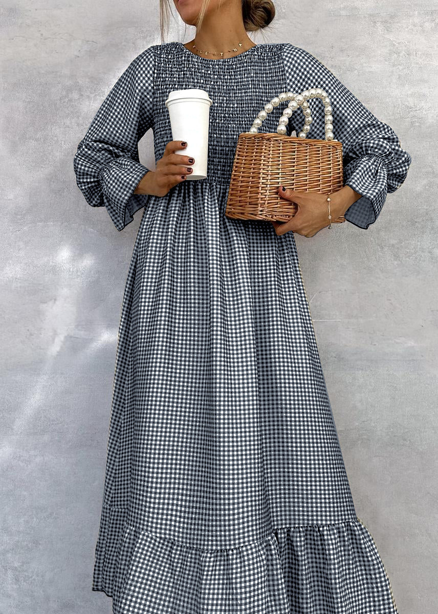 Helenee | Maxi Dress Checked Smocked Round Neck