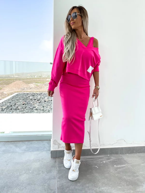 Latasha |  V-Neck Long Sleeve Midi Dress Set