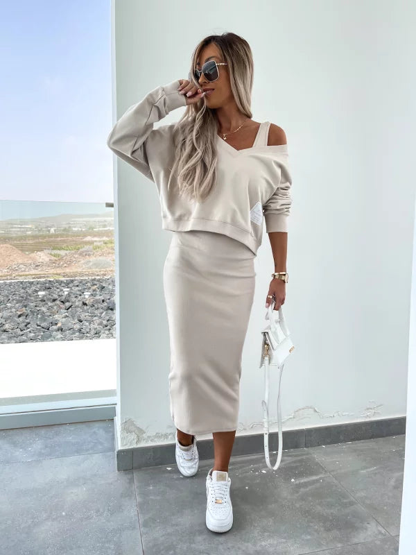 Latasha |  V-Neck Long Sleeve Midi Dress Set