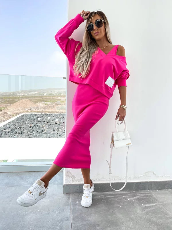 Latasha |  V-Neck Long Sleeve Midi Dress Set