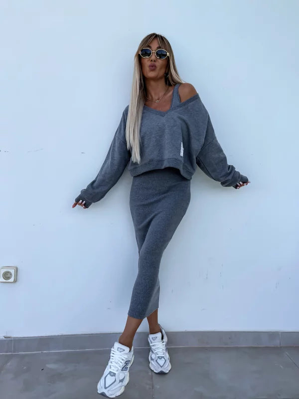 Latasha |  V-Neck Long Sleeve Midi Dress Set