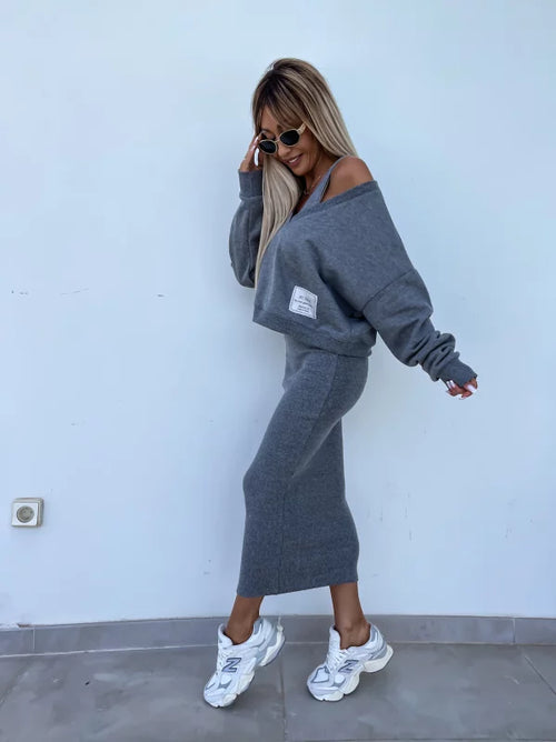 Latasha |  V-Neck Long Sleeve Midi Dress Set