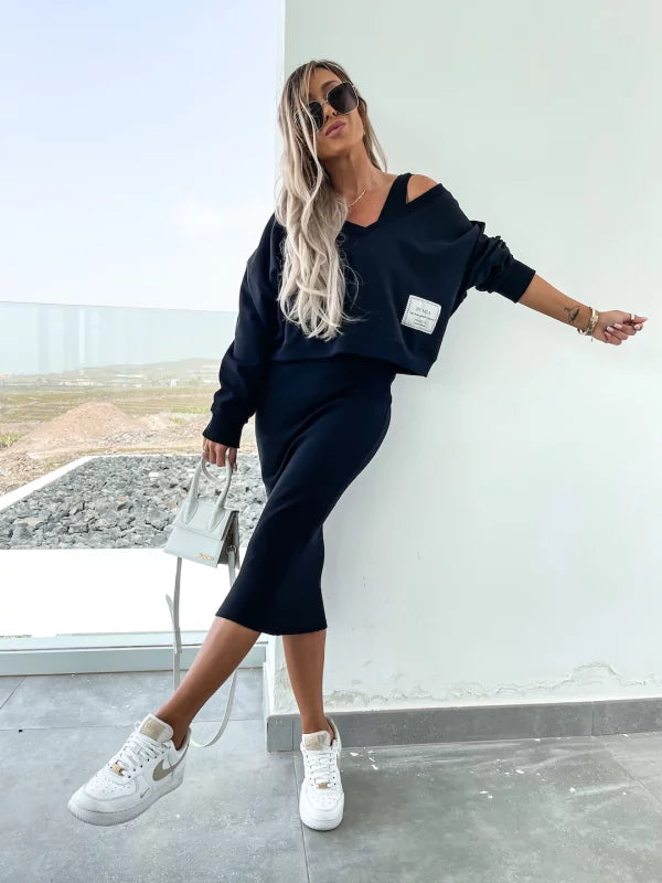 Latasha |  V-Neck Long Sleeve Midi Dress Set