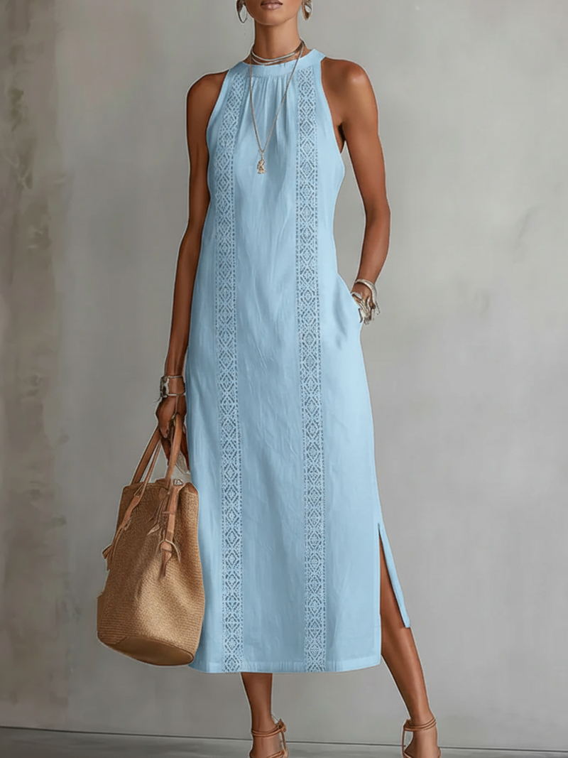 Devindi | Linen Embroidered Halter Maxi Dress