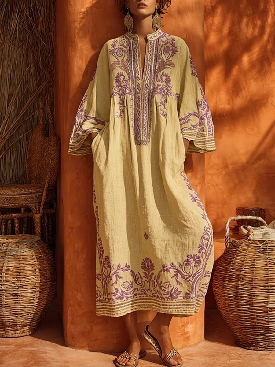 Sariana | Embroidered Midi Tunic Dress 3/4 Sleeve