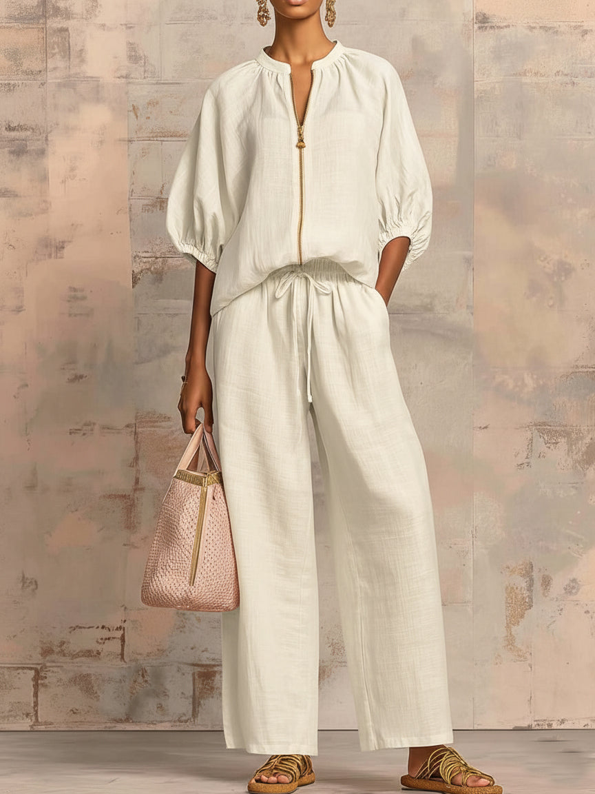Alysha | Two-Piece Zip Top Wide-Leg Trouser Set