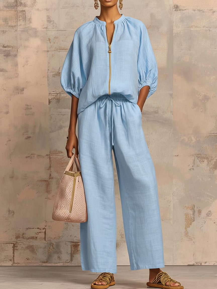Alysha | Two-Piece Zip Top Wide-Leg Trouser Set
