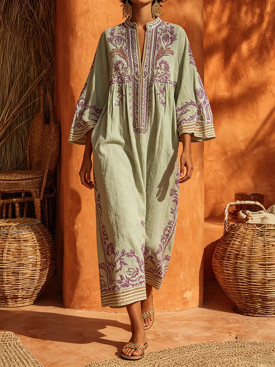 Sariana | Embroidered Midi Tunic Dress 3/4 Sleeve