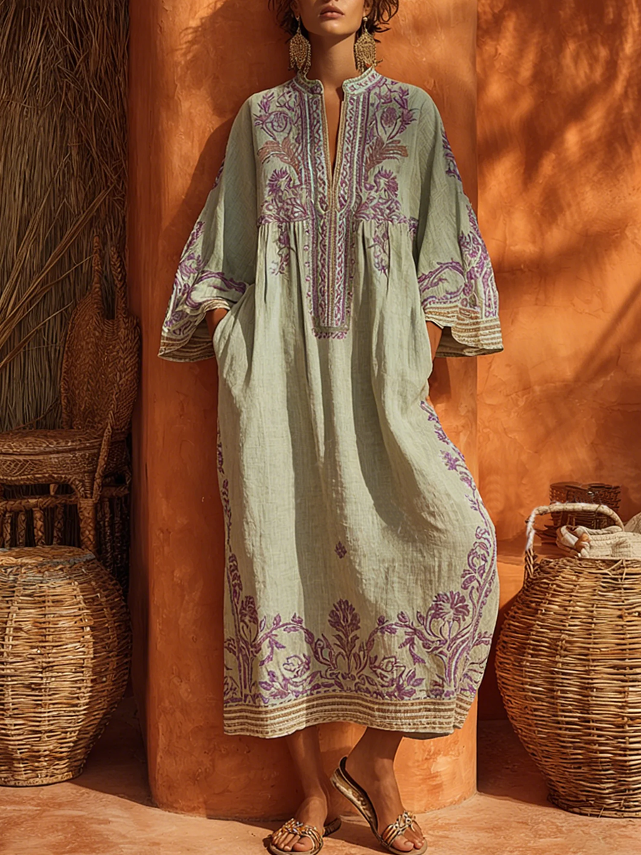 Sariana | Embroidered Midi Tunic Dress 3/4 Sleeve