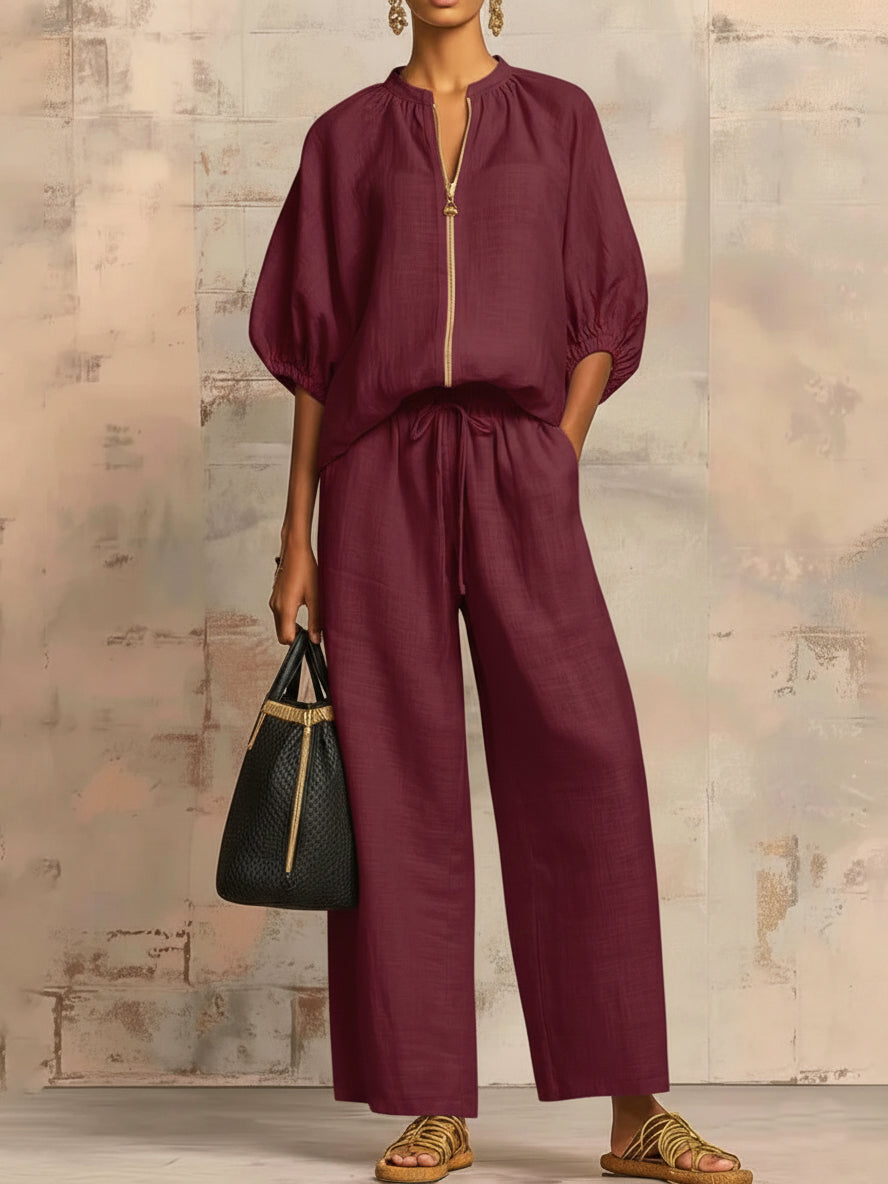 Alysha | Two-Piece Zip Top Wide-Leg Trouser Set