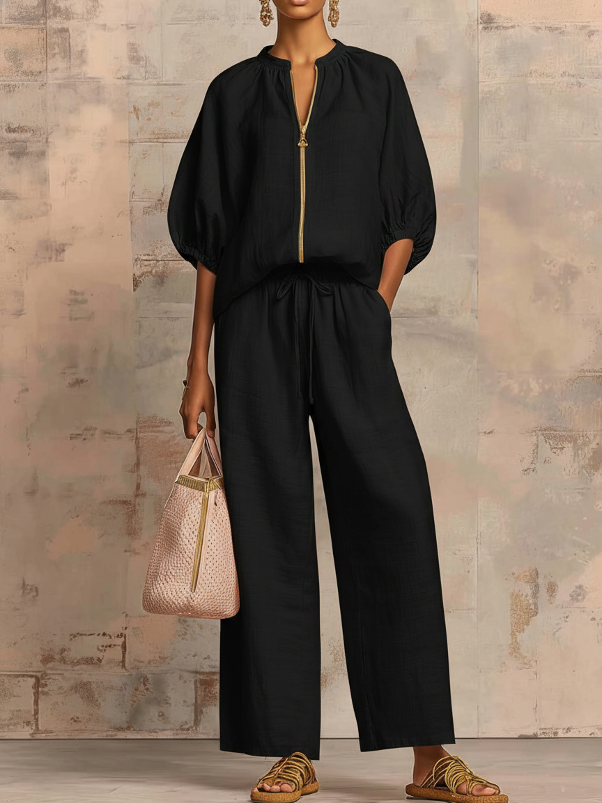Alysha | Two-Piece Zip Top Wide-Leg Trouser Set