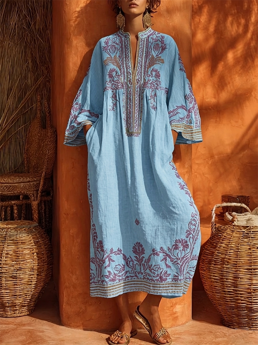 Sariana | Embroidered Midi Tunic Dress 3/4 Sleeve