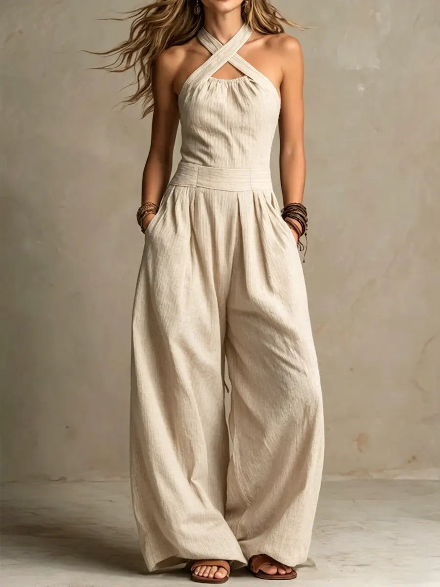 Jazmine | Cross Halterneck Wide Leg Jumpsuit