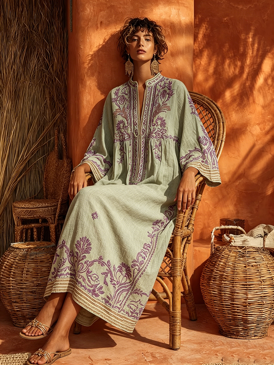 Sariana | Embroidered Midi Tunic Dress 3/4 Sleeve