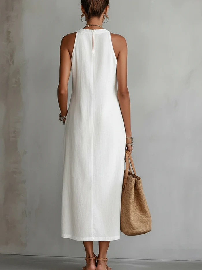 Devindi | Linen Embroidered Halter Maxi Dress