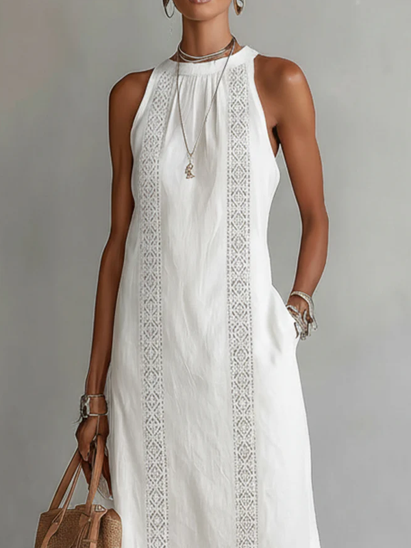 Devindi | Linen Embroidered Halter Maxi Dress