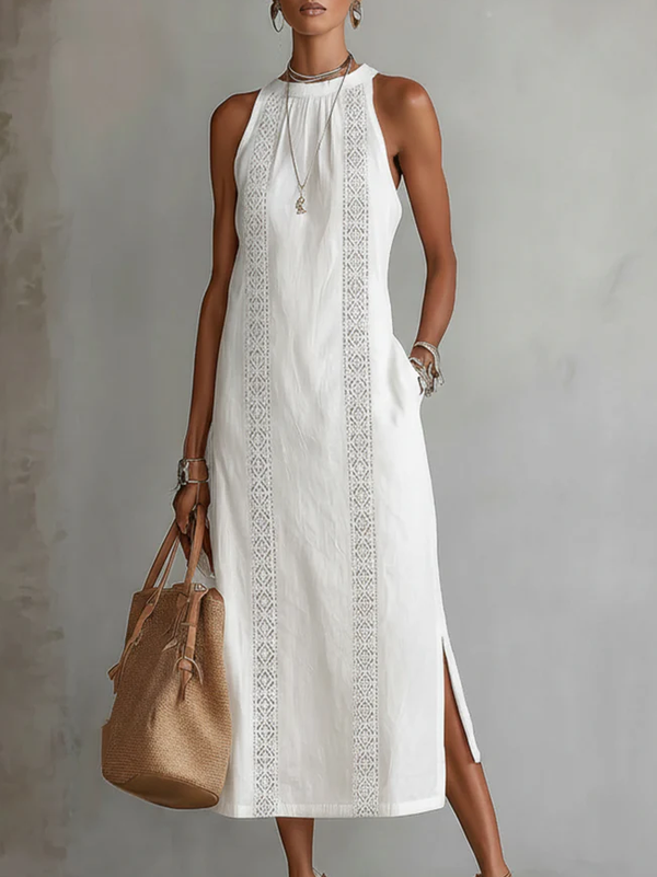 Devindi | Linen Embroidered Halter Maxi Dress
