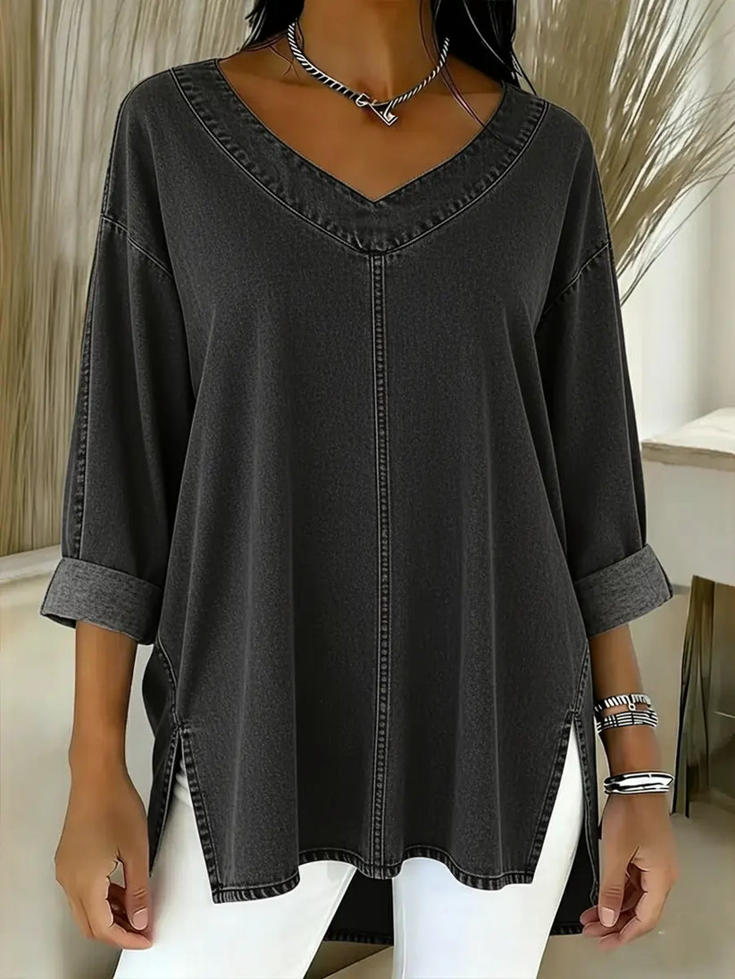 Ludivine | Denim-Style V Neck Oversized Tunic Top