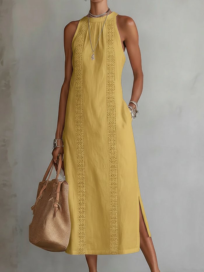 Devindi | Linen Embroidered Halter Maxi Dress