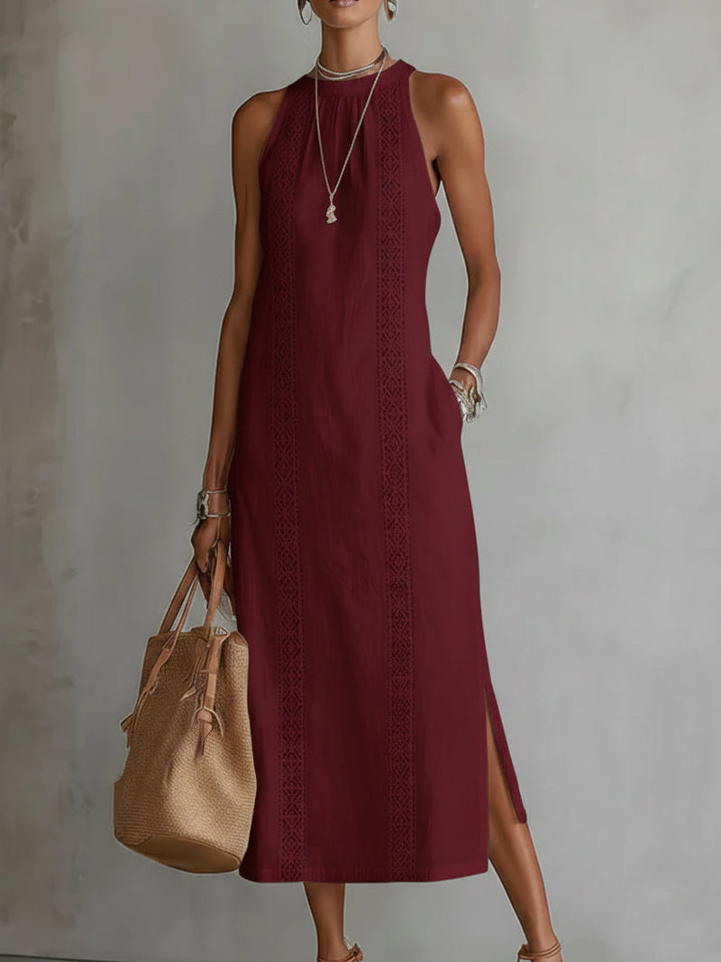 Devindi | Linen Embroidered Halter Maxi Dress