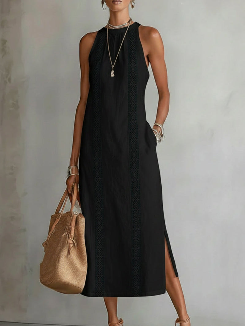 Devindi | Linen Embroidered Halter Maxi Dress
