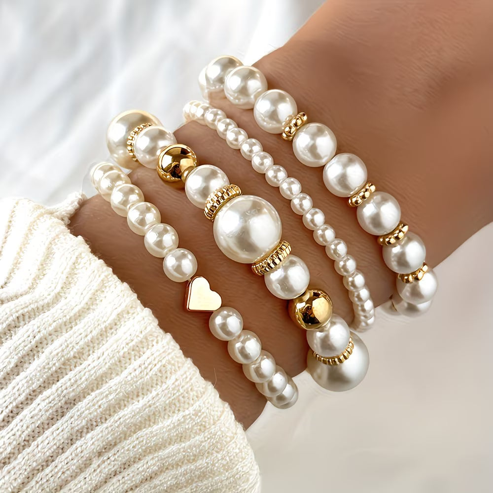 Adelen | Pearl Beaded Layered Bracelet Set Gold