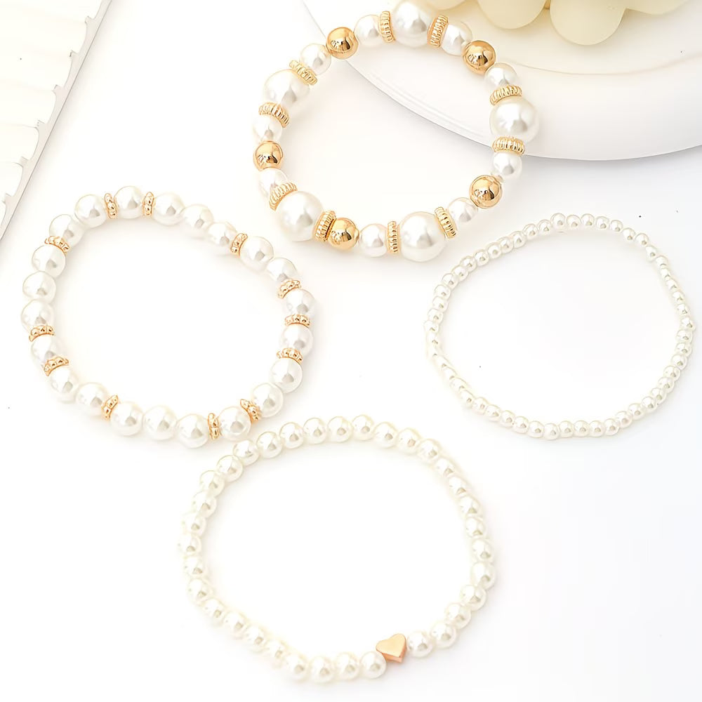 Adelen | Pearl Beaded Layered Bracelet Set Gold