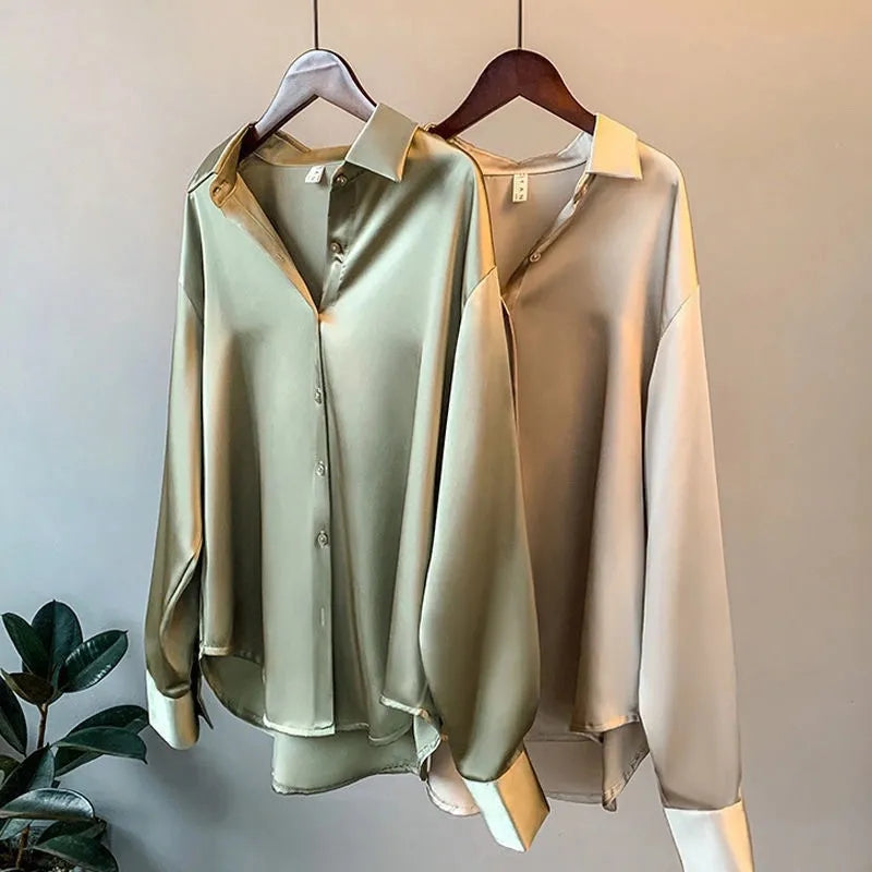 Adelinde | Satin Feel Button Front Long Sleeve Shirt