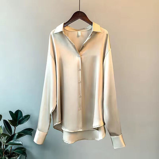 Adelinde | Satin Feel Button Front Long Sleeve Shirt