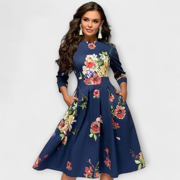 Jeri | Floral Print Midi Dress Three Quarter Sleeve