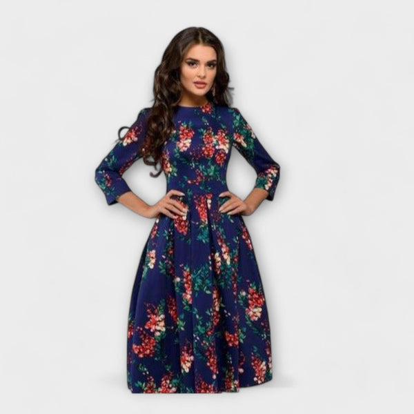 Jeri | Floral Print Midi Dress Three Quarter Sleeve