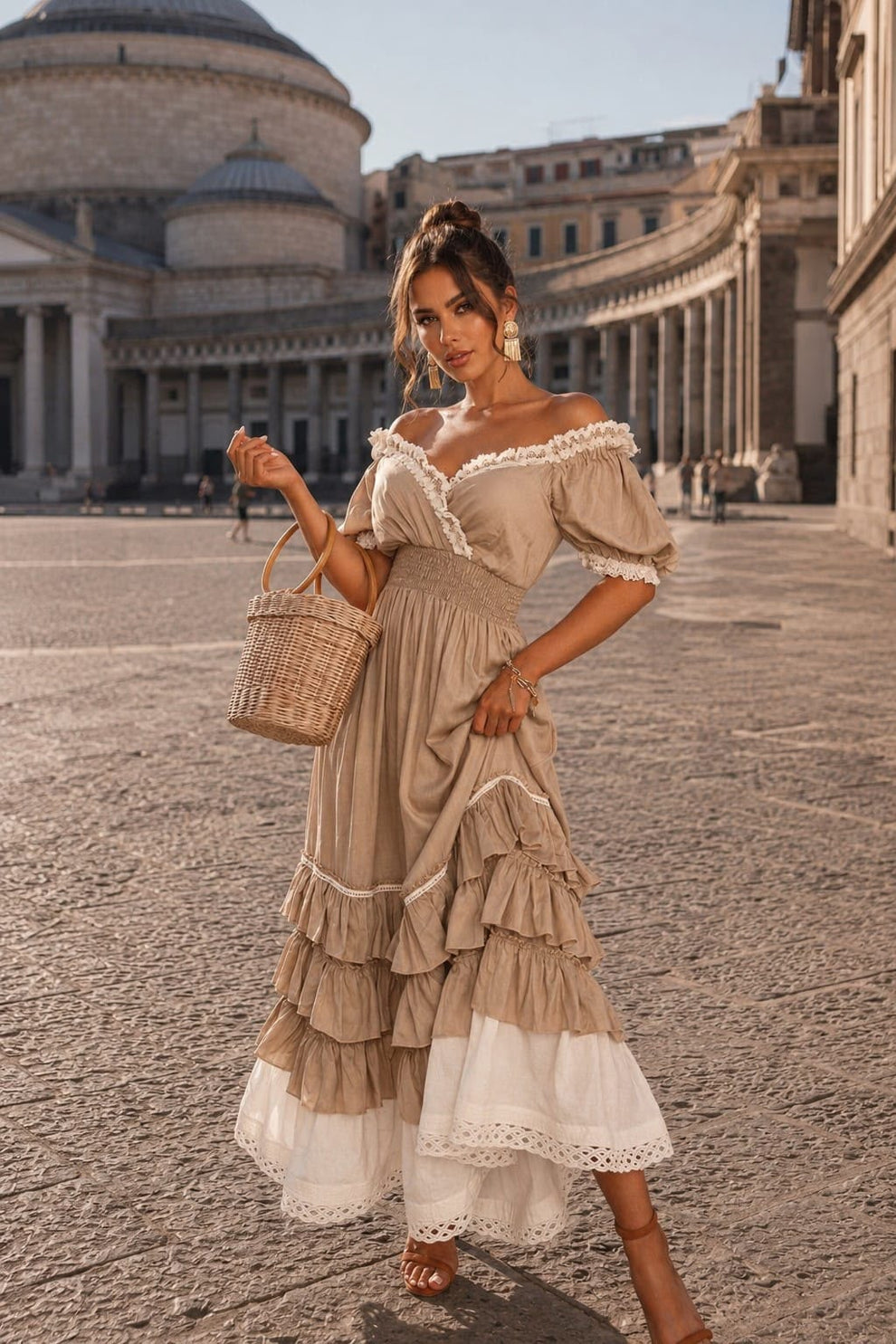 Naeun | Maxi Dress with Off-Shoulder Ruffles and Lace