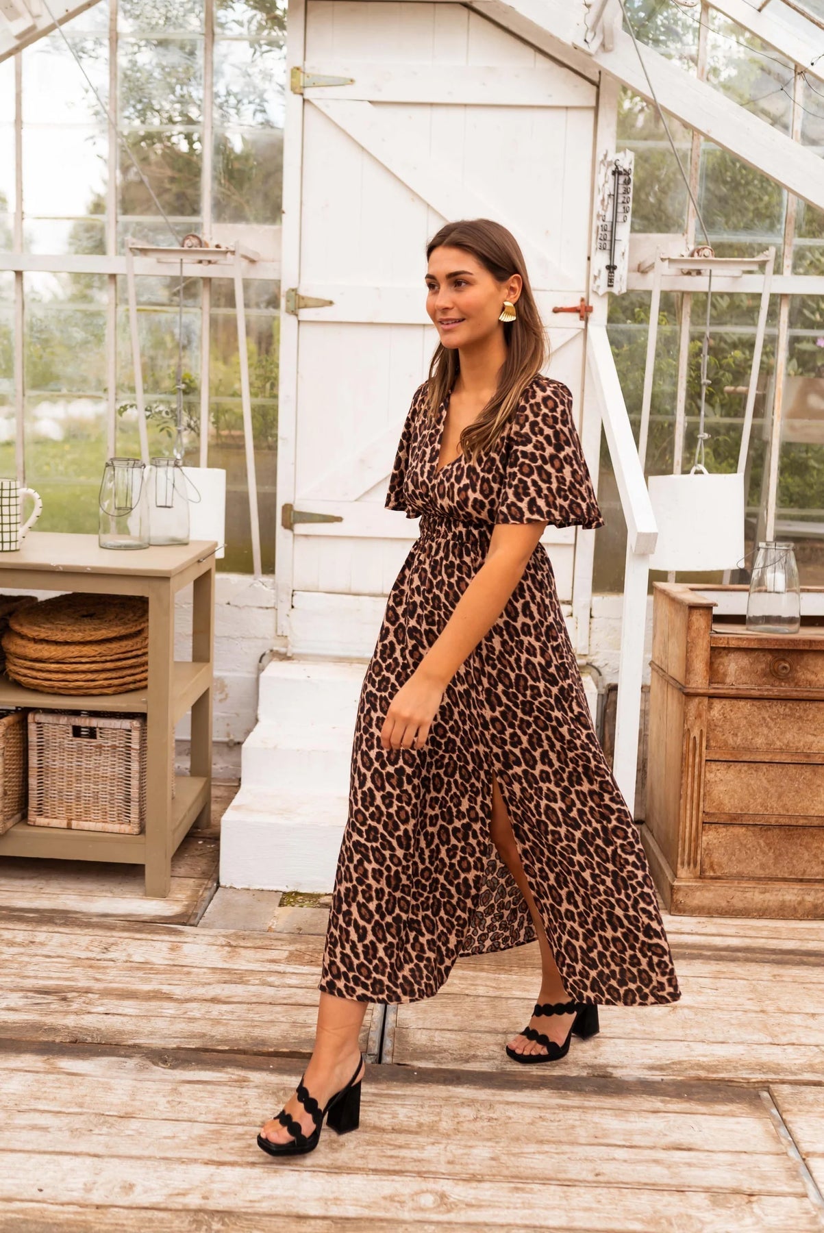 Coralie | Leopard Print Flutter Sleeve Midi Dress