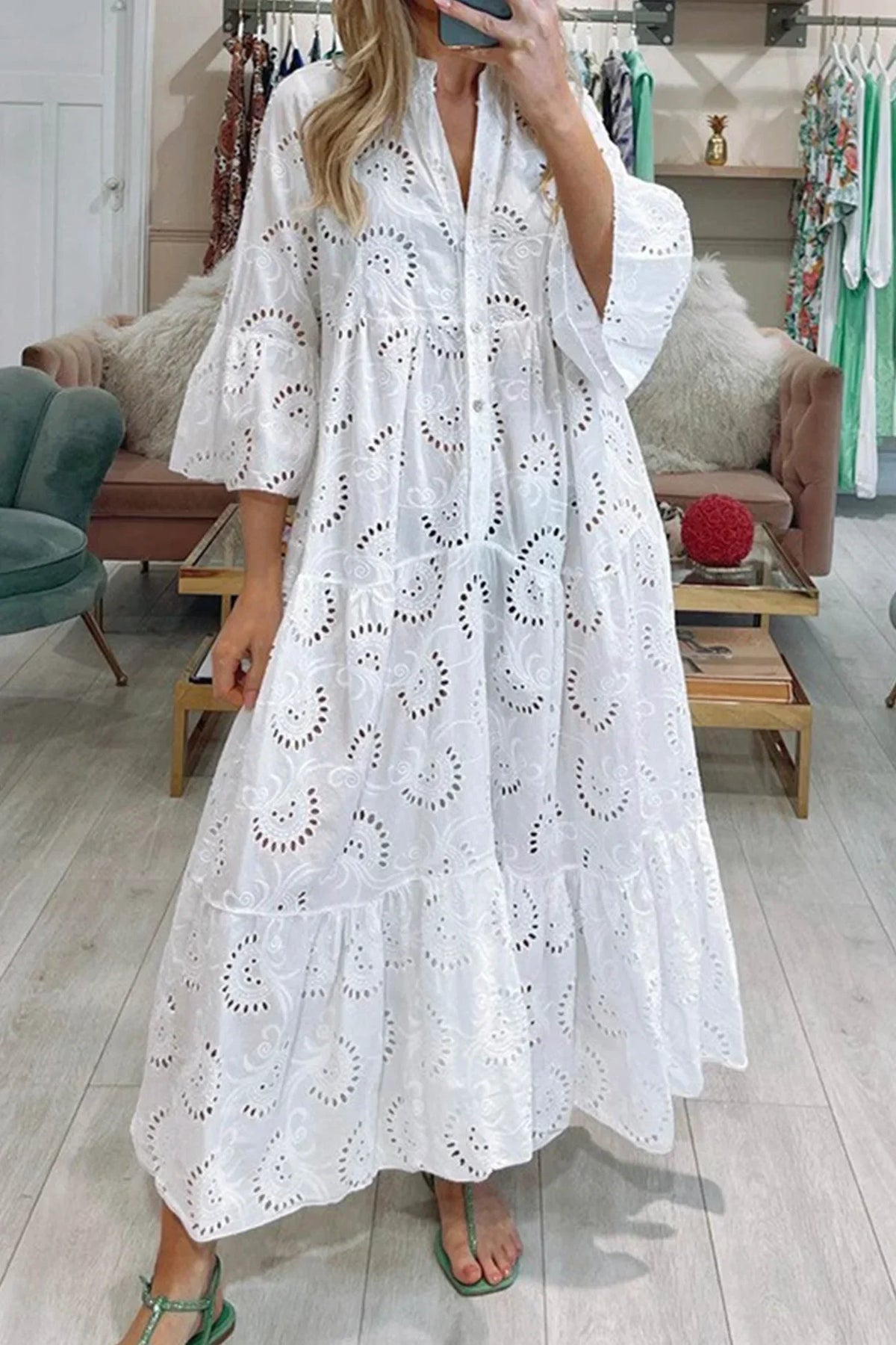 Gilma | Cutwork V Neck Long Sleeve Dress
