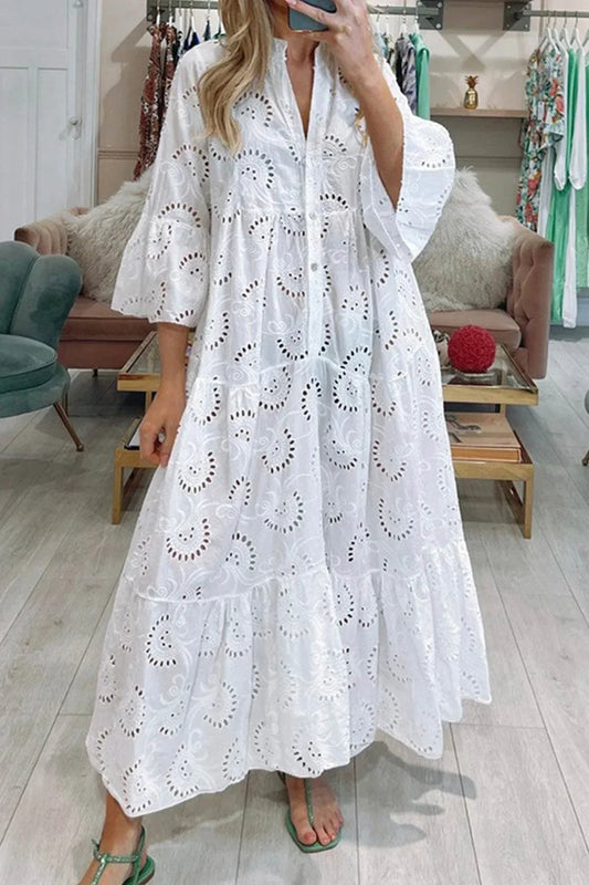 Gilma | Cutwork V Neck Long Sleeve Dress