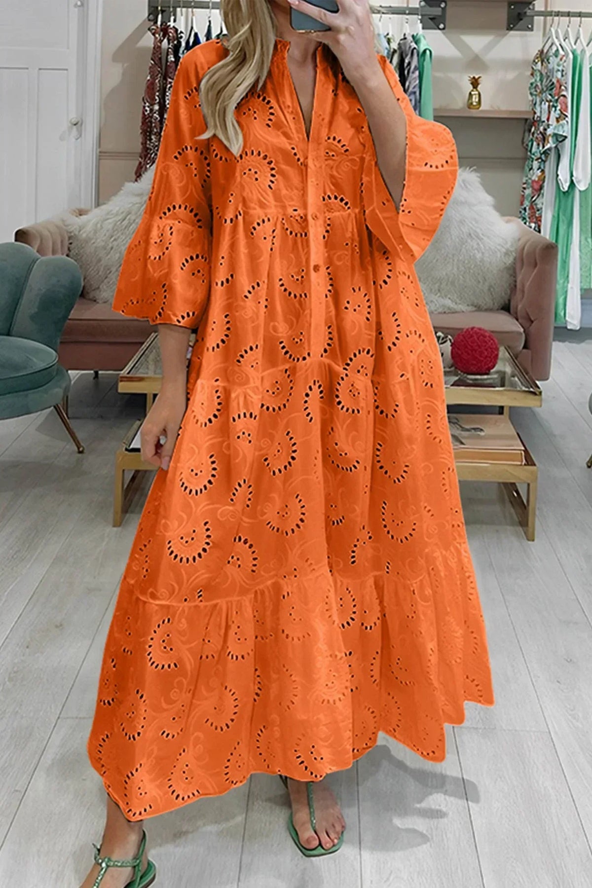 Gilma | Cutwork V Neck Long Sleeve Dress