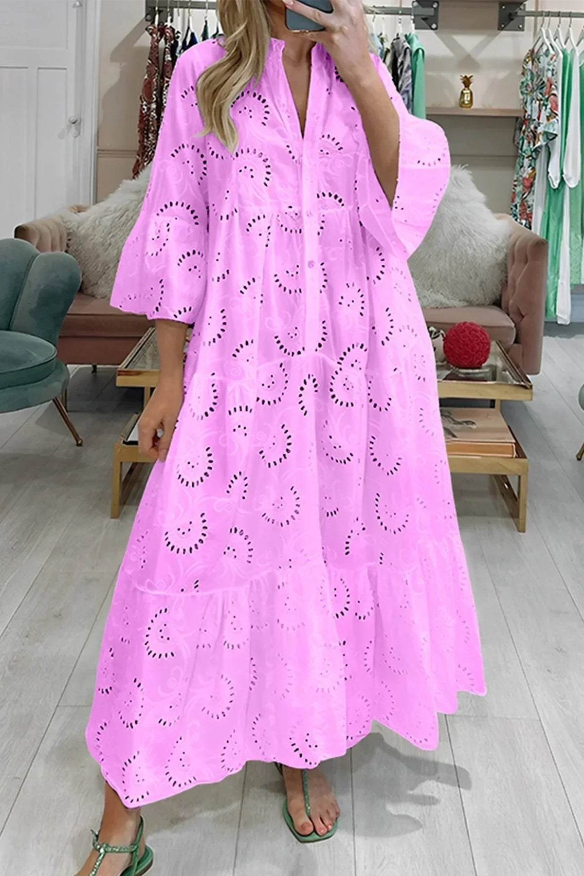 Gilma | Cutwork V Neck Long Sleeve Dress