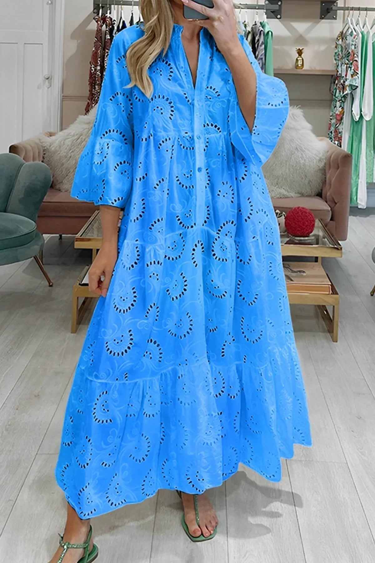 Gilma | Cutwork V Neck Long Sleeve Dress
