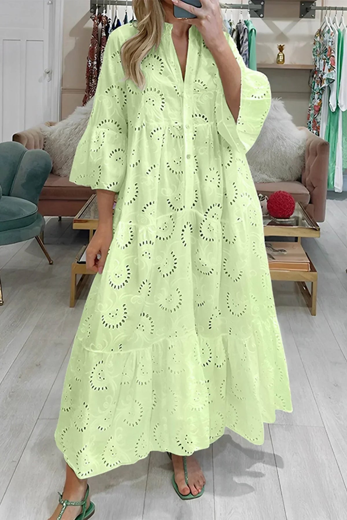 Gilma | Cutwork V Neck Long Sleeve Dress