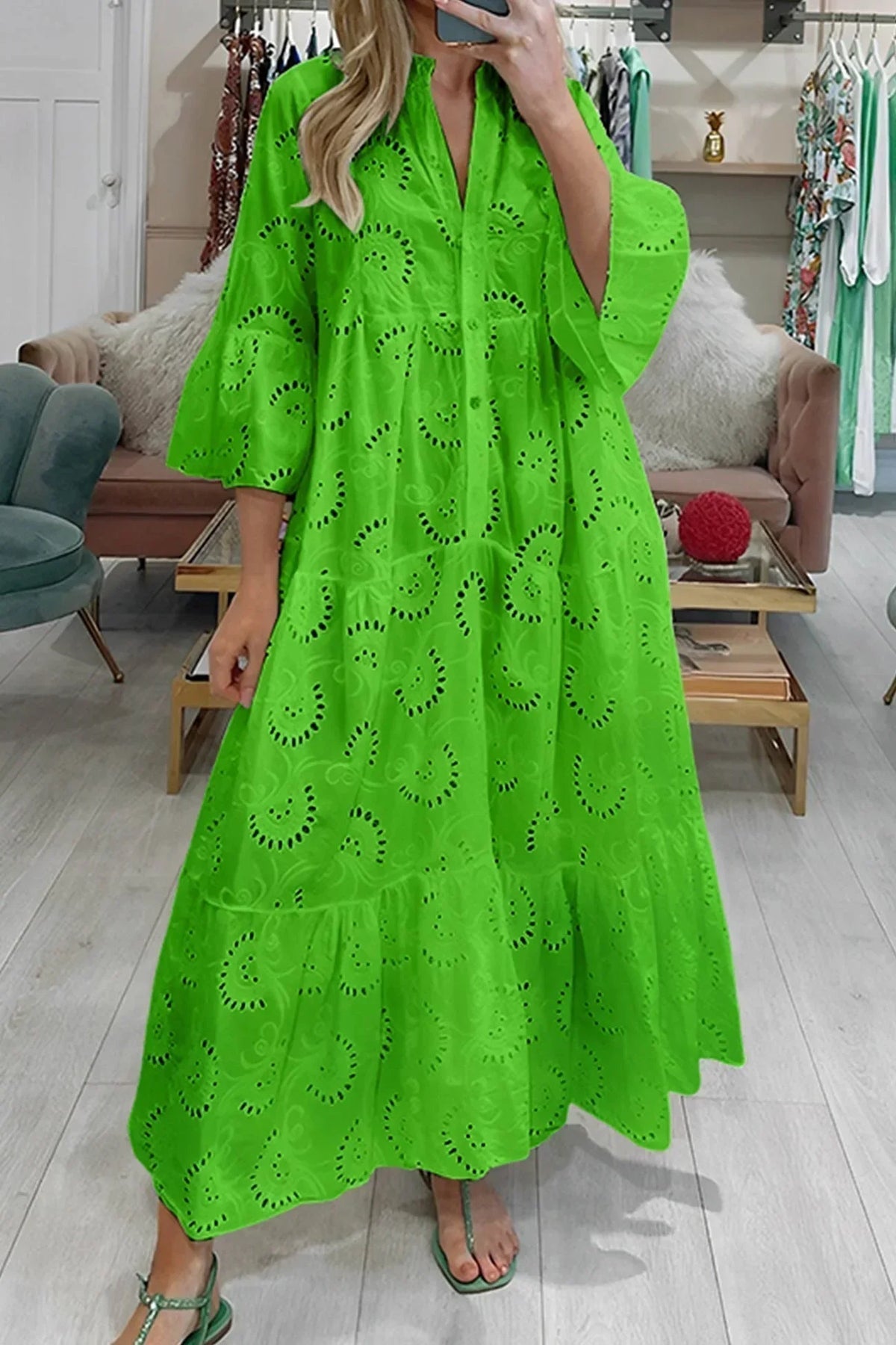 Gilma | Cutwork V Neck Long Sleeve Dress