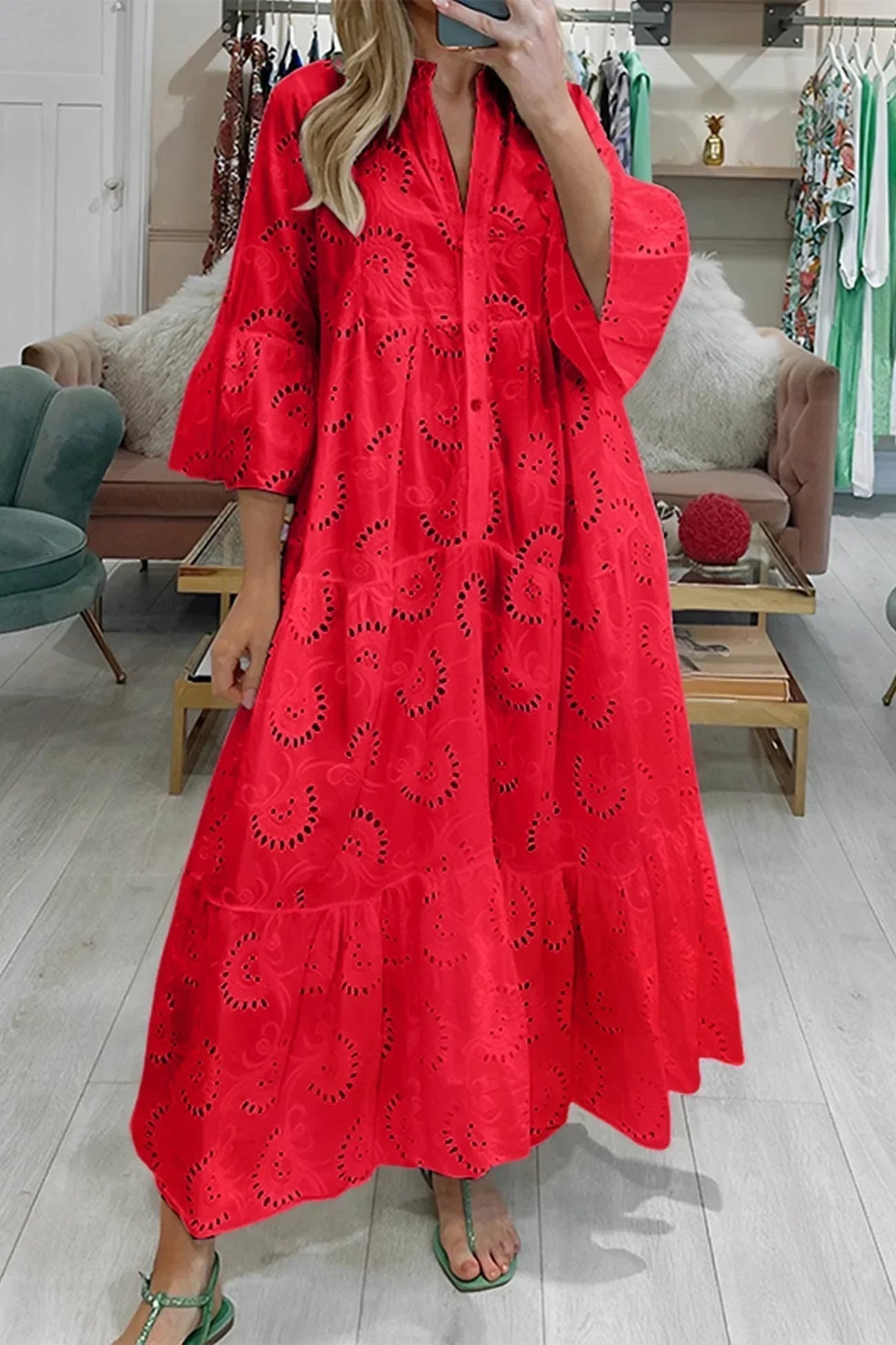 Gilma | Cutwork V Neck Long Sleeve Dress