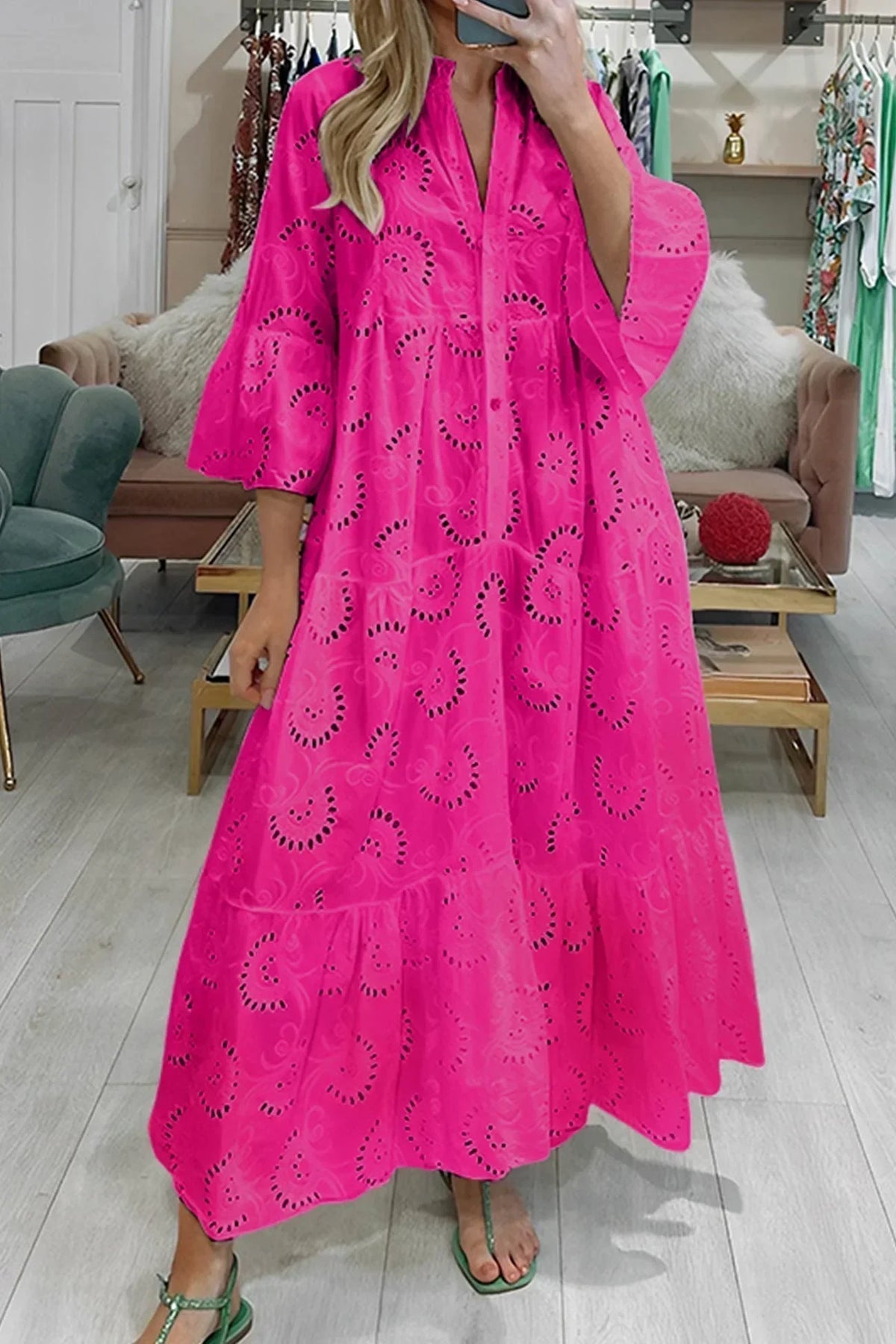 Gilma | Cutwork V Neck Long Sleeve Dress