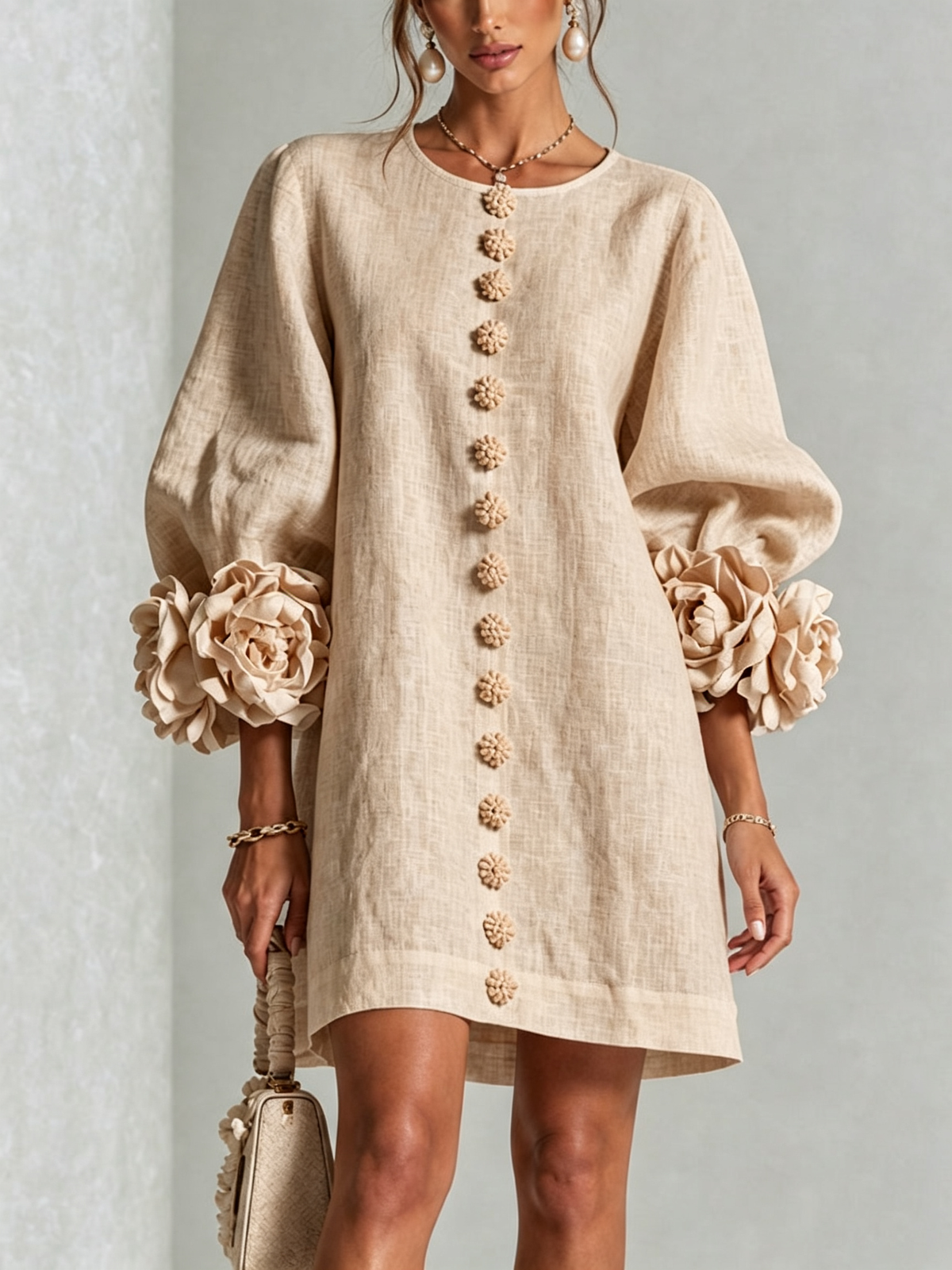 Nursel | A-Line Mini Dress with Floral Cuffs