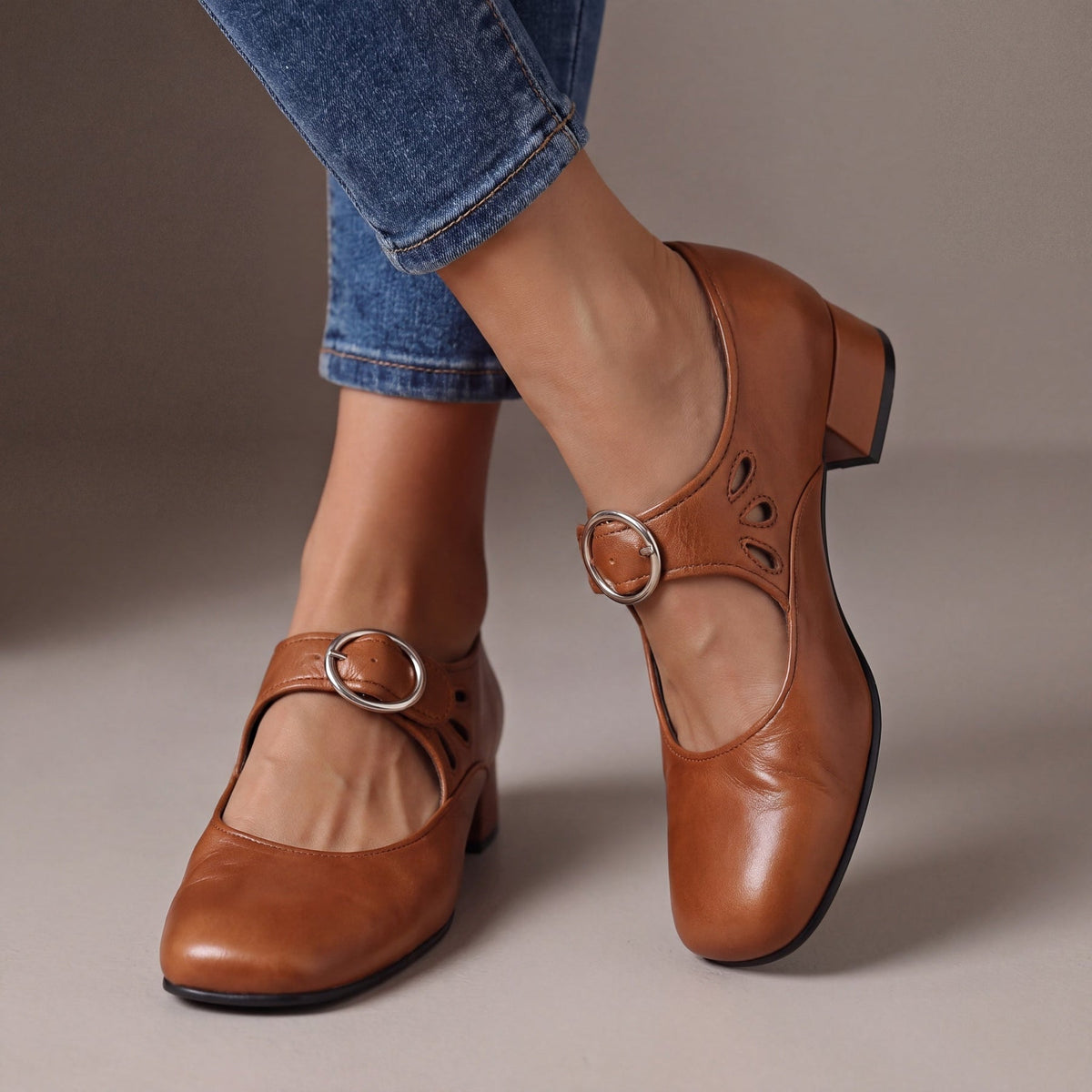 Evelita | Buckle Strap Leather Shoes with Low Heel